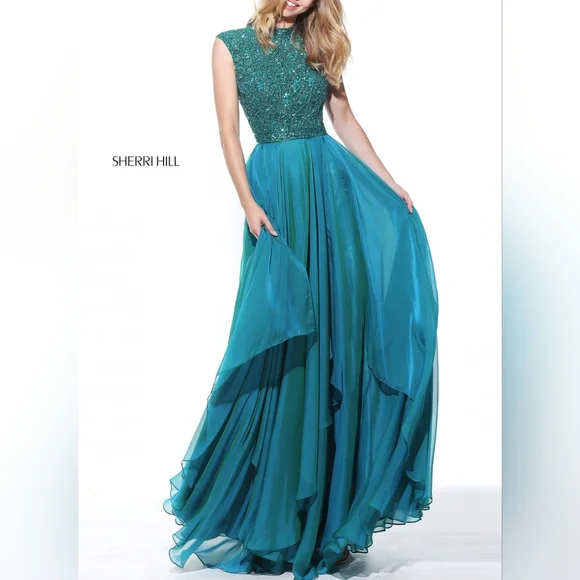 Sherri Hill | Dresses | 6 Fits 14ish Sherri Hill 5807 Teal Iridescent  Chiffon Capsleeve Gown Dress | Poshmark